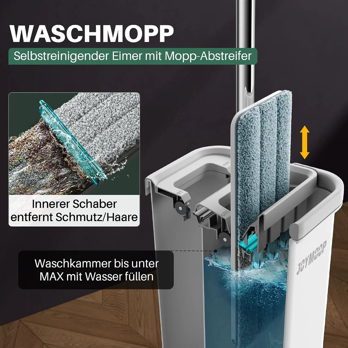 Selbstreinigender Flachwischer mit Eimer